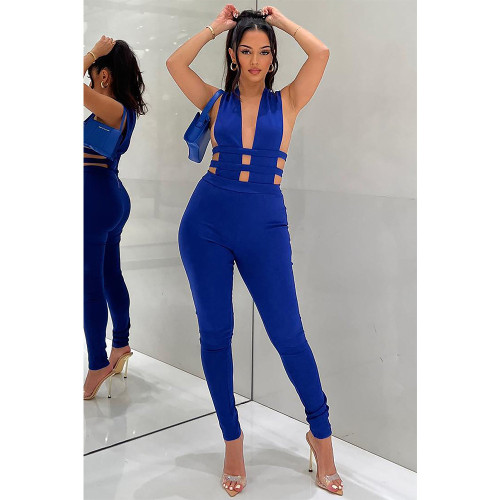 Fashionable hollow out sexy V-neck sleeveless jumpsuit