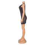 Sexy V-neck nightclub mesh see-through rhinestone sleeveless dress short dress