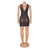 Sexy V-neck nightclub mesh see-through rhinestone sleeveless dress short dress
