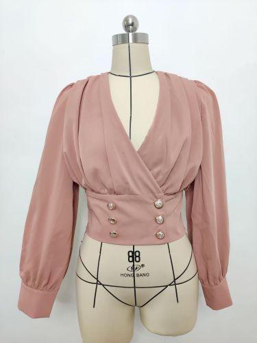 Women's V-neck sexy long-sleeved puff-sleeve solid color pleated blouse