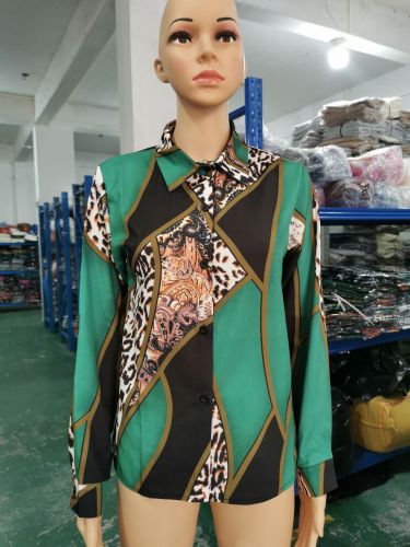 Spring and Autumn Long Sleeve Women's Button Digital Printed Blouse