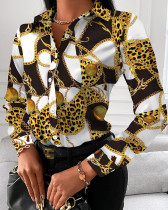 Spring and Autumn Long Sleeve Geometric Print Temperament Single Breasted Blouse for Women