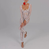 Lace stitching sexy low-cut feminine see-through jumpsuit 