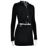 Autumn and winter knitted cardigan long-sleeved two-piece set for women fashion sexy pleated skirt short skirt suit