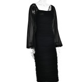 Sexy Slim Square Neck Solid Color Backless Balloon Sleeve Long Dress