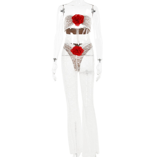 Lace see-through sexy tube top floral trousers set