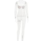 Lace stitching sexy low-cut feminine see-through jumpsuit 