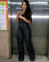 Pocketed cargo tube leather jumpsuit
