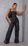 Pocketed cargo tube leather jumpsuit