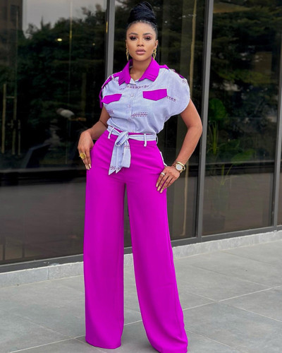 Autumn lapel short-sleeved shirt with wide-leg trousers casual suit