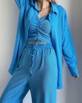 Three-piece autumn long-sleeved shirt drawstring short-sleeved wide-leg pants casual set