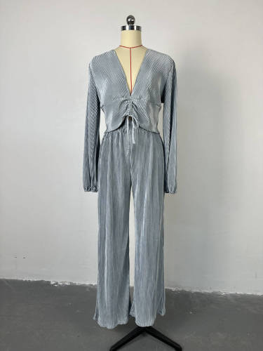 Autumn fashionable V-neck puff sleeve top wide-leg trousers casual suit