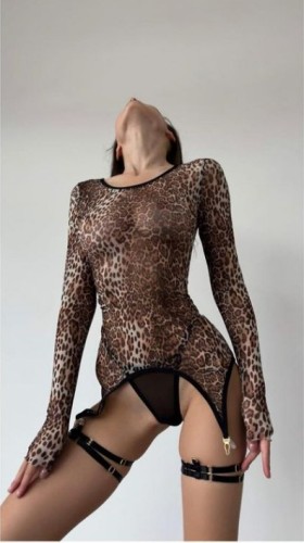 Long sleeve leopard print sexy see-through lingerie set