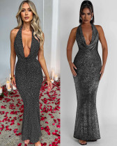 Swing collar lace-up low-cut party fishtail sexy long dress