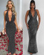Swing collar lace-up low-cut party fishtail sexy long dress