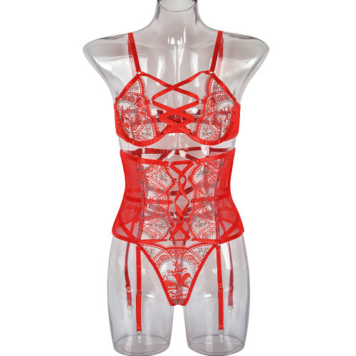Valentine's Day Sexy Lingerie Three-piece Set Embroidered Strap Lingerie