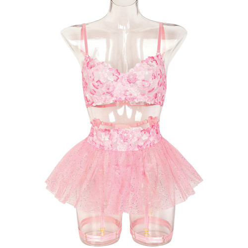 Sexy Lingerie floral embroidery push-up sexy tutu skirt set