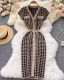 Retro Houndstooth Knitted Dress V-neck Buttoned Slim Midi-Length Long Dress