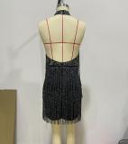 Sexy low-cut V-neck bust sequin back cross suspender dress