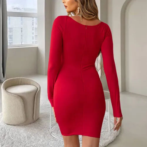 Elegant v-neck autumn and winter elastic slim long-sleeved red retro dress