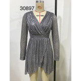 Sequined dress banquet V-neck cross-slit sequined long-sleeved dress