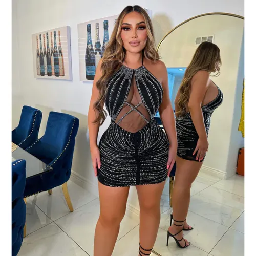 Sexy mesh hot diamond backless dress