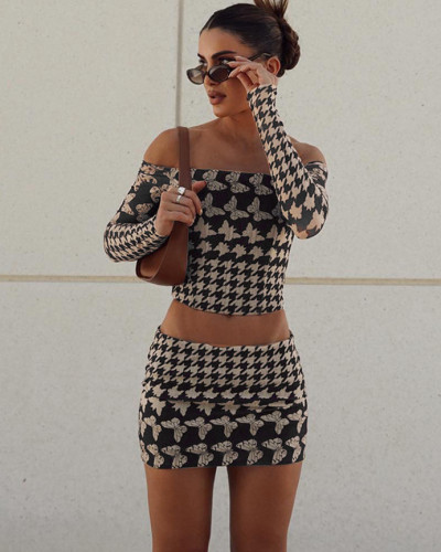 Off-shoulder long-sleeved printed short skirt two-piece fashion set