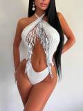 One-piece performance costume halterneck tassel one-piece swimsuit rave wear