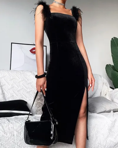 Sexy elegant slit fur shoulders velvet dress