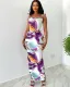 Fashionable printed sexy suspender slim casual slit dress