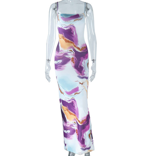 Fashionable printed sexy suspender slim casual slit dress