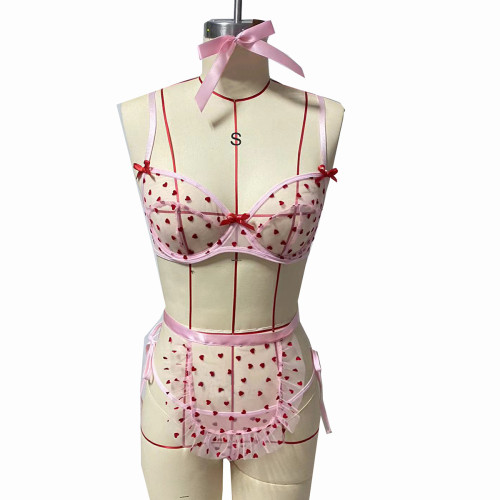 Heart cos maid sexy underwear three-piece see-through lingerie bra set