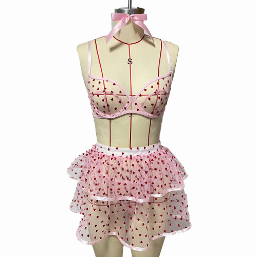 Hearts embellished see-through mesh fluffy sexy underwear three-piece lingerie set