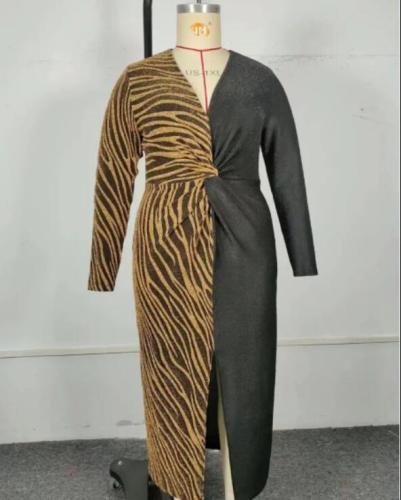 Plus size women's temperament V-neck slit color block long dress