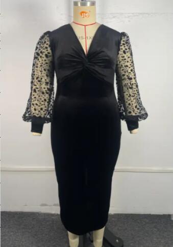 Plus Size Slit Lace V Neck Long Sleeve Dress