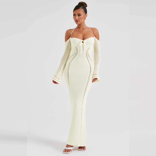 Sexy backless lace-up slim fit hollow long-sleeved dress