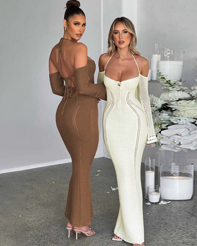Sexy backless lace-up slim fit hollow long-sleeved dress