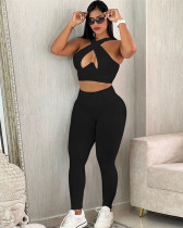 Solid color slim fit sleeveless midriff-baring vest tight high-waisted casual trousers set
