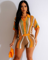 Sexy ladies hollow out see-through contrasting knitted shorts set