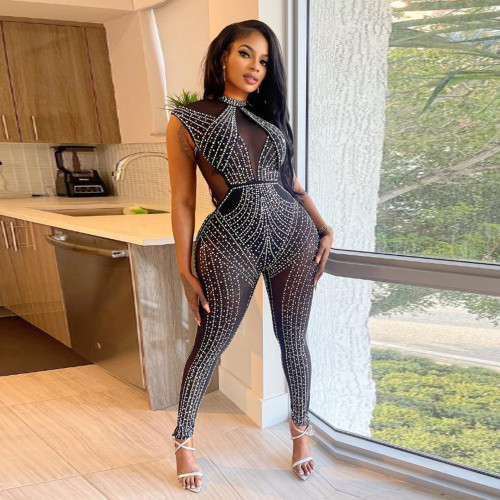 Sexy slim-fitting hot diamond see-through elastic slim-fitting sleeveless jumpsuit