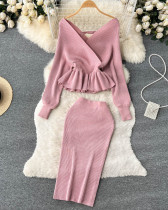 Autumn Winter Formal Solid Color Knitting Top + Midi Skirt Two Piece Outfit