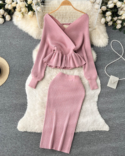 Autumn Winter Formal Solid Color Knitting Top + Midi Skirt Two Piece Outfit