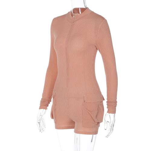 Stylish Pocket High Neck Long Sleeve Slim Fit Zipper Sports Rompers Jumpsuit