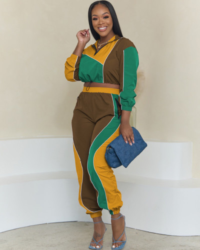 Sports windbreaker running suit color matching long-sleeved two-piece set