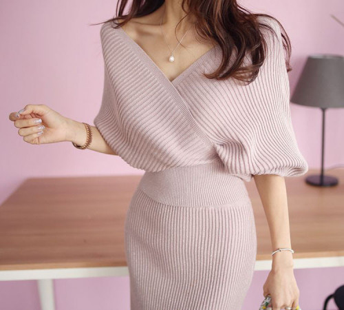 Two-piece sweater set midi-length slimming knitted skirt set