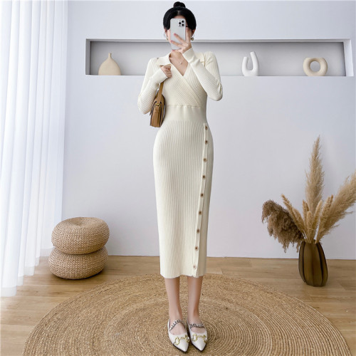 Fashionable polo collar autumn and winter slimming solid color knitted dress