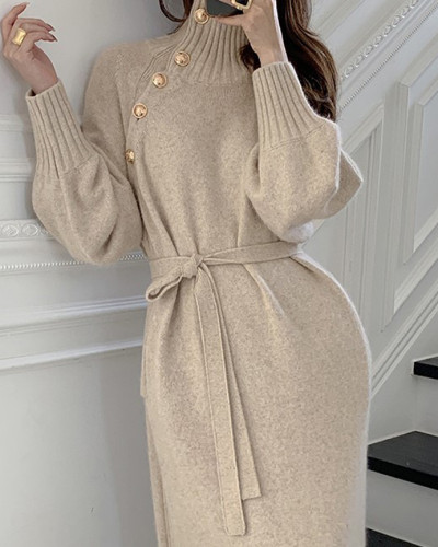 Belted knitted autumn and winter loose slimming turtleneck long sweater dress