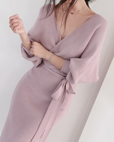 Sexy knitted dress autumn temperament v-neck and lace-up sweater dress