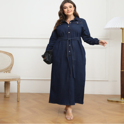 Plus size winter women's collared washed denim dress