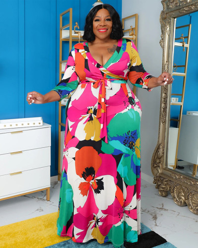 Plus size women's autumn and winter sexy print pockets long maxi dress